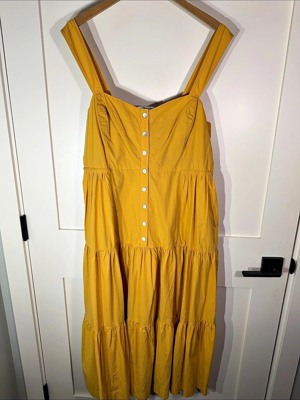 Madewell Button-Front Tiered Maxi Dress 100% Cotton With Pockets Yellow Size 14